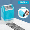 A blue reusable confidential roller stamp is shown next to a black ink pad and a printed document.