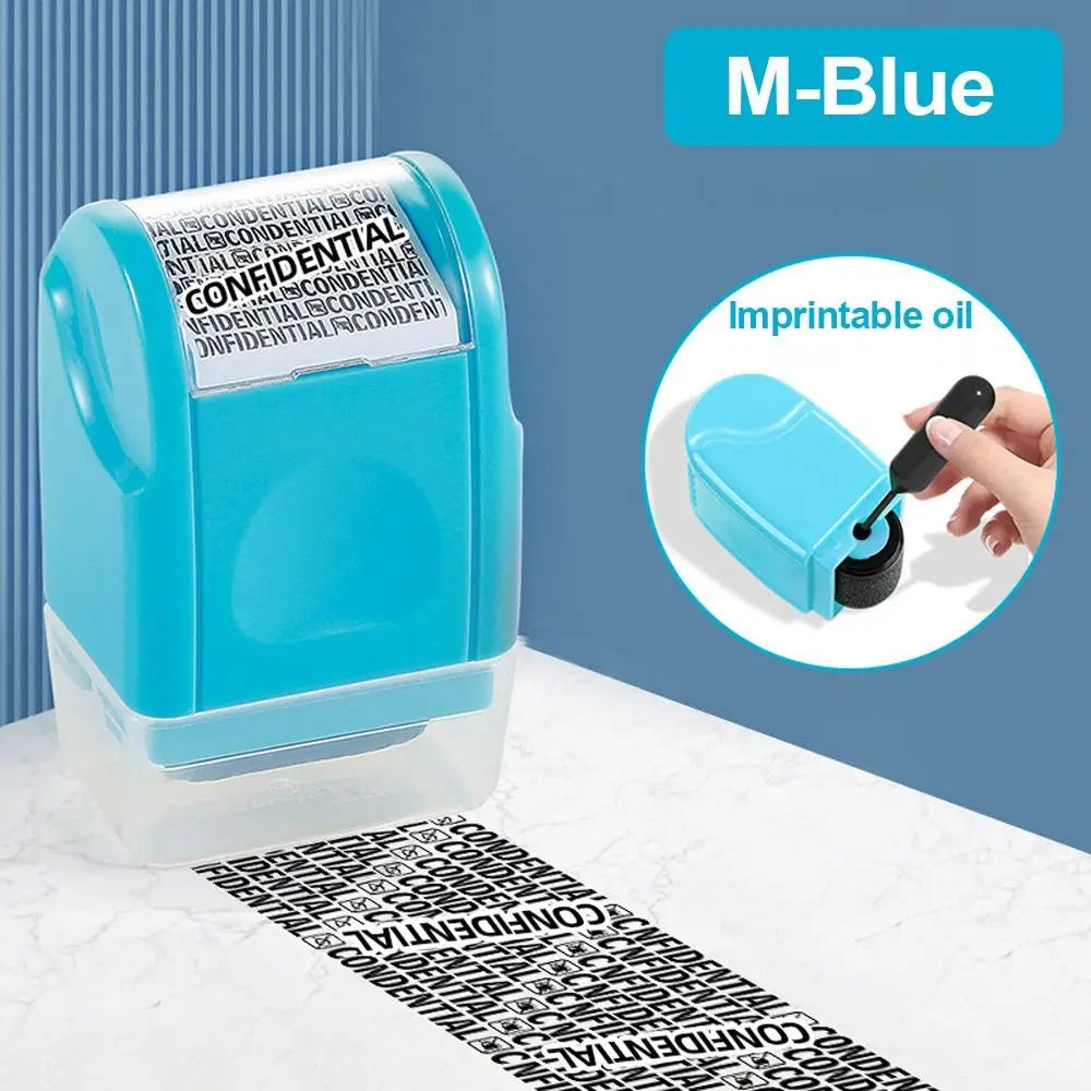 A blue reusable confidential roller stamp is shown next to a black ink pad and a printed document.