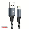 A silver Lightning cable with a connector and a black braided cord is shown.