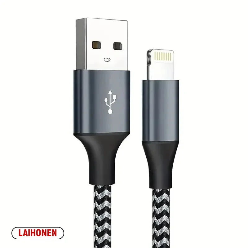 A silver Lightning cable with a connector and a black braided cord is shown.