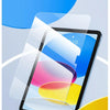 A clear tempered glass screen protector is shown being applied to an iPad screen.