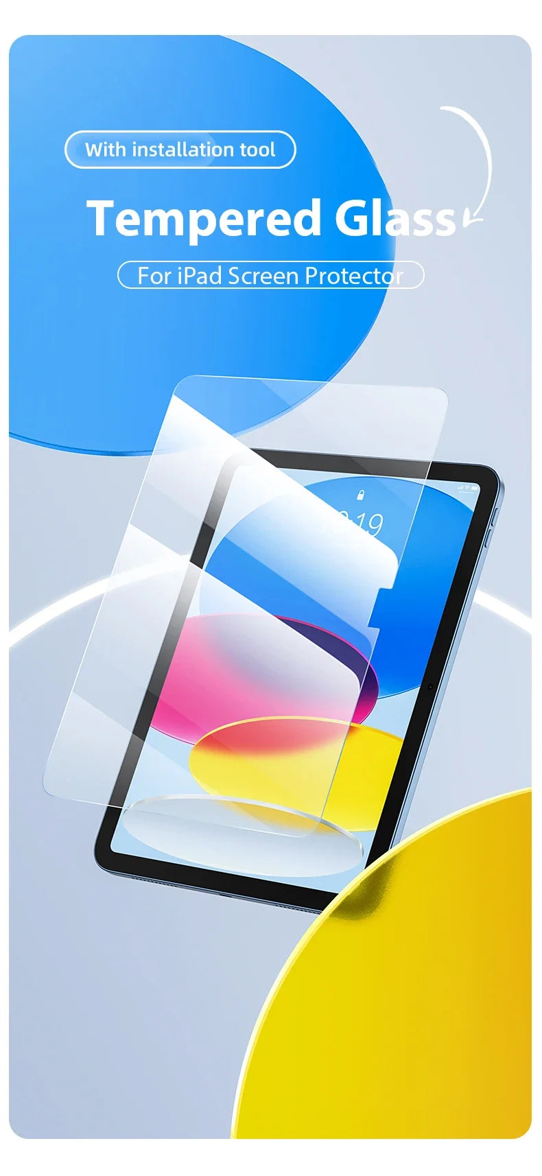 A clear tempered glass screen protector is shown being applied to an iPad screen.