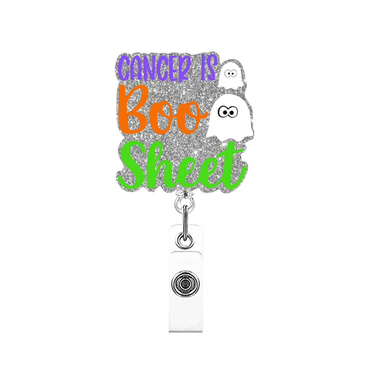A glitter acrylic badge reel featuring a ghost design and the text Conceit is Boo Sheet