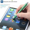 A green metal stylus pen is shown being used on an iPad touchscreen.