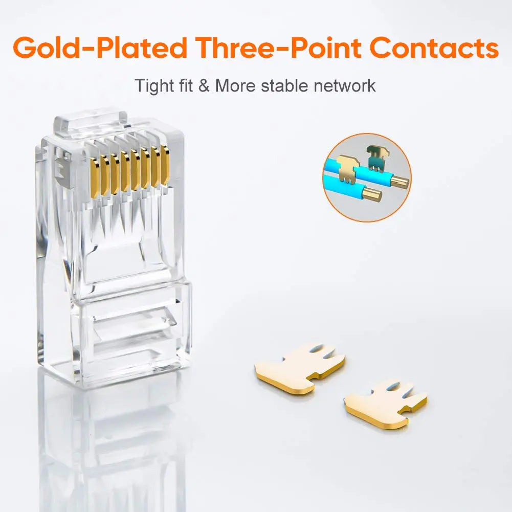 Contactos de tres puntos y conectores Ethernet RJ45 de baño de oro para cables de red