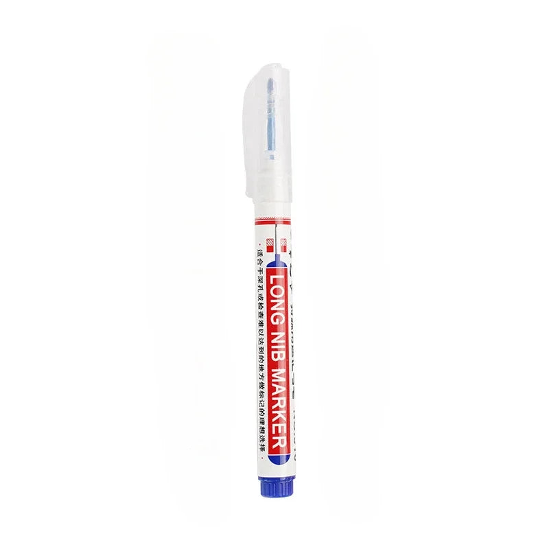A white permanent paint marker pen with a blue cap and body is shown vertically.