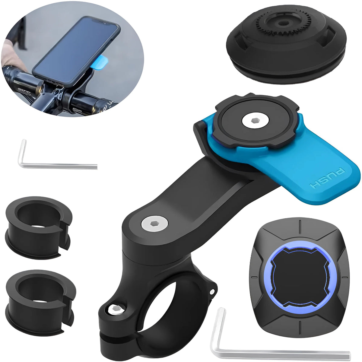 A black universal motorcycle phone mount with a blue push mechanism and mounting hardware.