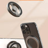 A close-up of a Fingertip Gyroscope Phone Holder in silver and black, shown with a smartphone.
