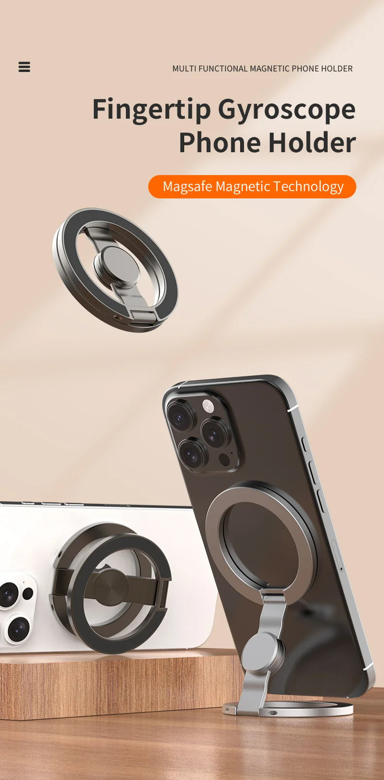 A close-up of a Fingertip Gyroscope Phone Holder in silver and black, shown with a smartphone.
