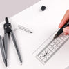 A hand holds a black pen over a ruler on white paper next to various drafting tools including a mechanical pencil and a small