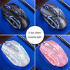 A set of wired gaming mice in black, white, and pink colors with blue LED lighting.