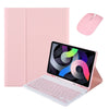 A pink leather keyboard case with a detachable Bluetooth keyboard and mouse shown next to an iPad.