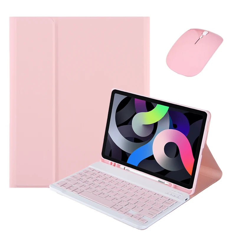 A pink leather keyboard case with a detachable Bluetooth keyboard and mouse shown next to an iPad.