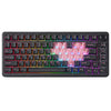 A black mechanical gaming keyboard with RGB backlighting and various function keys.