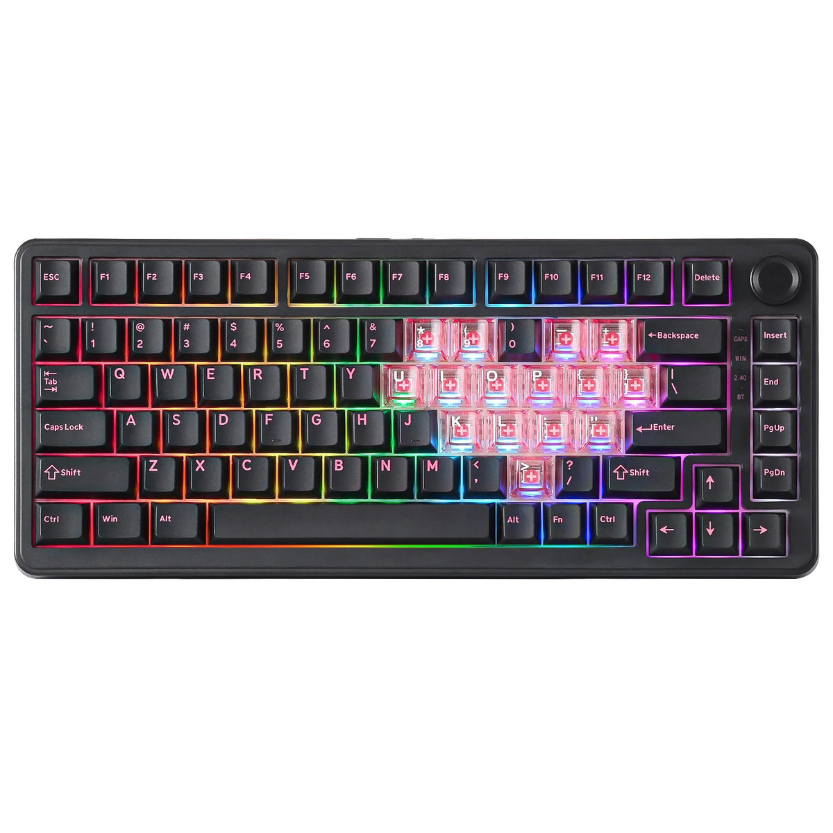 A black mechanical gaming keyboard with RGB backlighting and various function keys.