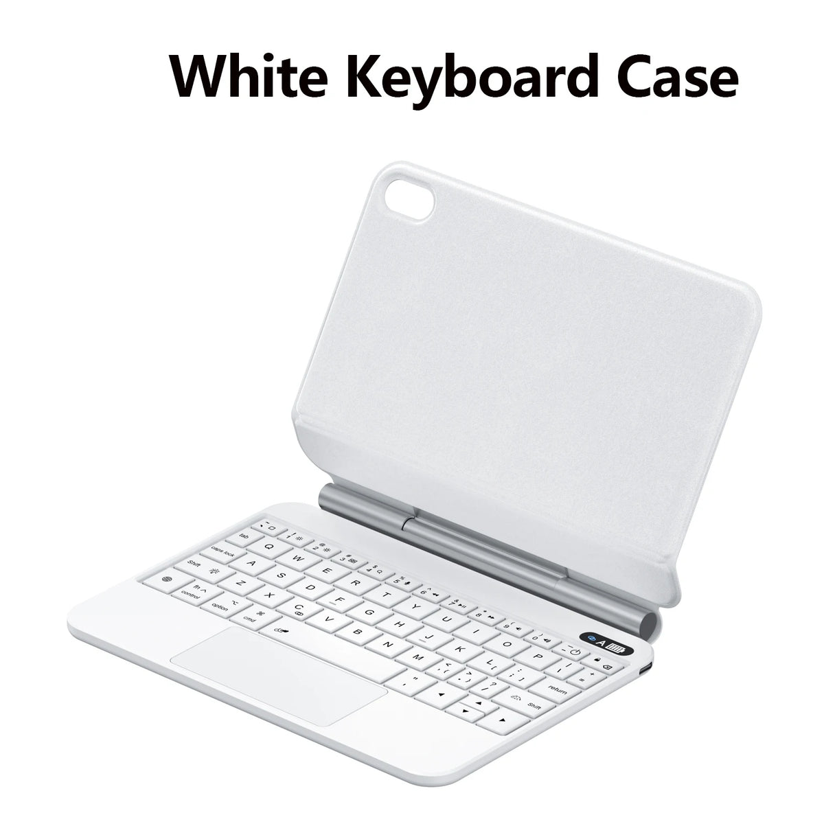 Estuche blanco para teclado de iPad, mostrando el teclado completo y la funda protectora.