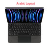 Backlit touchpad magic keyboard for iPad showing an Arabic layout on a dark gray device.