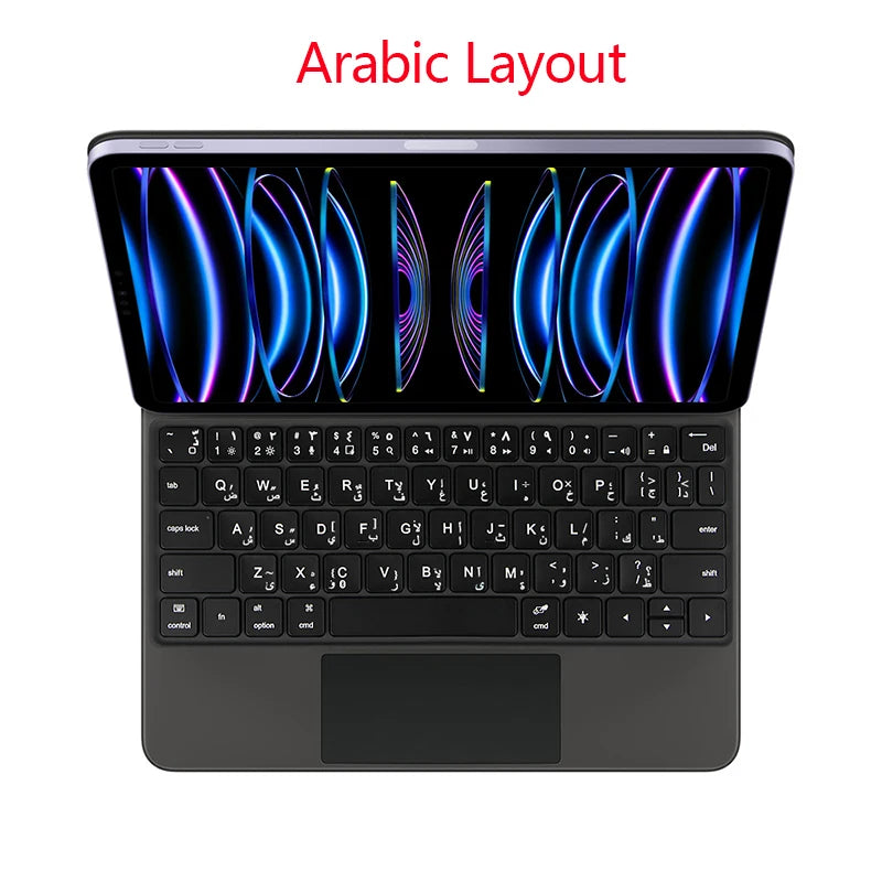 Backlit touchpad magic keyboard for iPad showing an Arabic layout on a dark gray device.