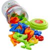 A clear jar filled with colorful magnetic alphabet and number tiles for learning