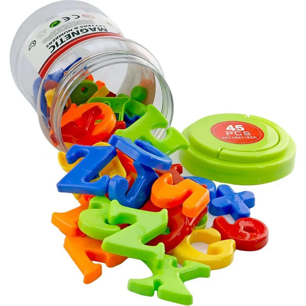 A clear jar filled with colorful magnetic alphabet and number tiles for learning
