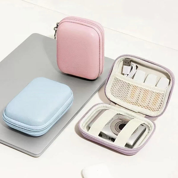 Pink and light blue leather storage pouches and organizer for small items