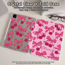 Pink cherry Y-fold clear case for an iPad showing a pink patterned cover and a clear case.