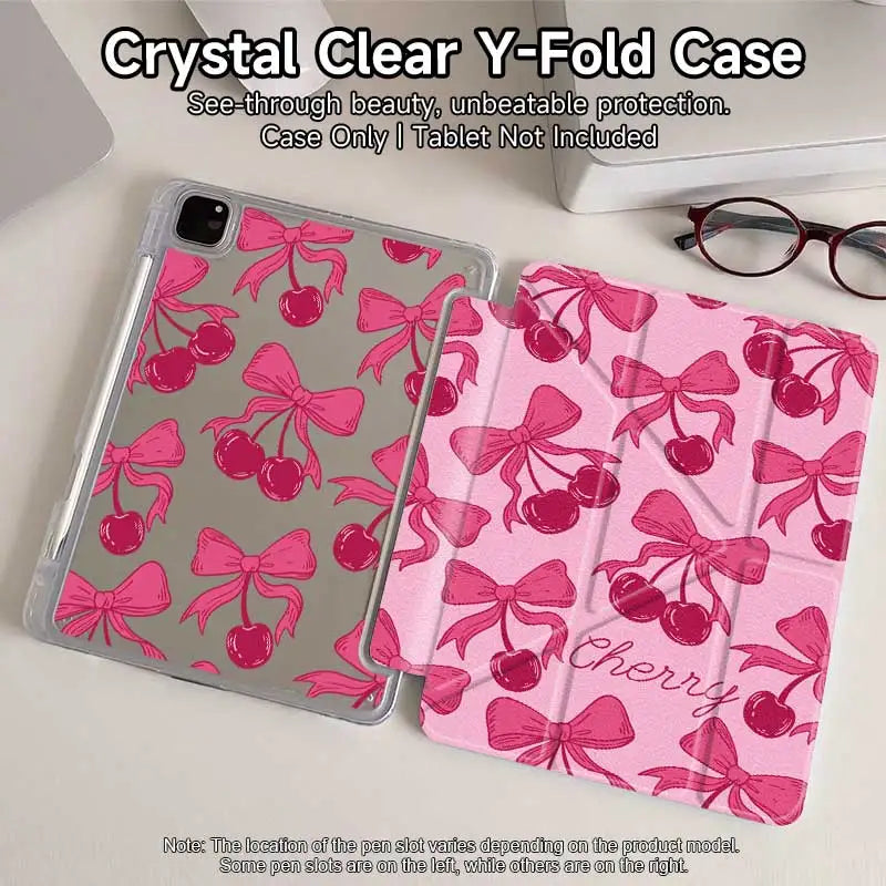 Pink cherry Y-fold clear case for an iPad showing a pink patterned cover and a clear case.