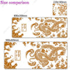 A comparison of three gaming desk mats featuring an orange dragon design in a Japanese style.