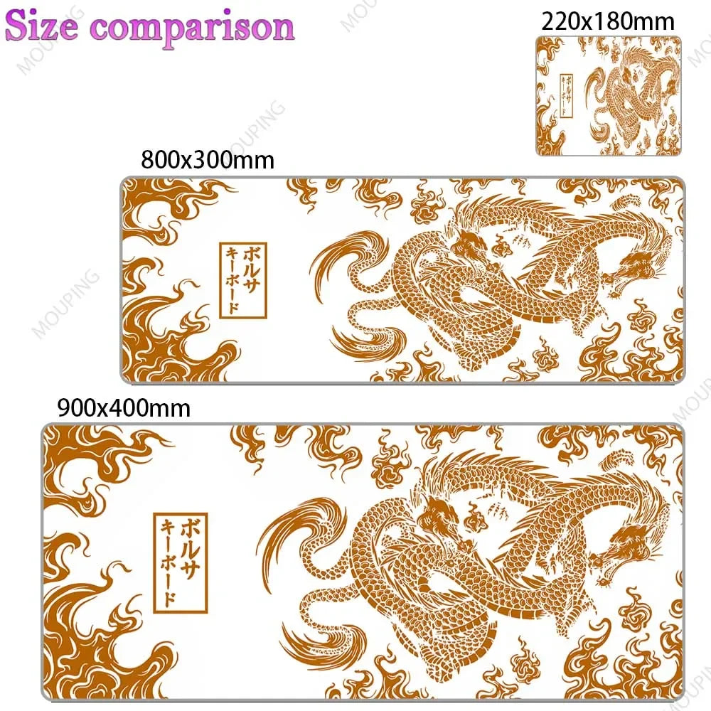 A comparison of three gaming desk mats featuring an orange dragon design in a Japanese style.