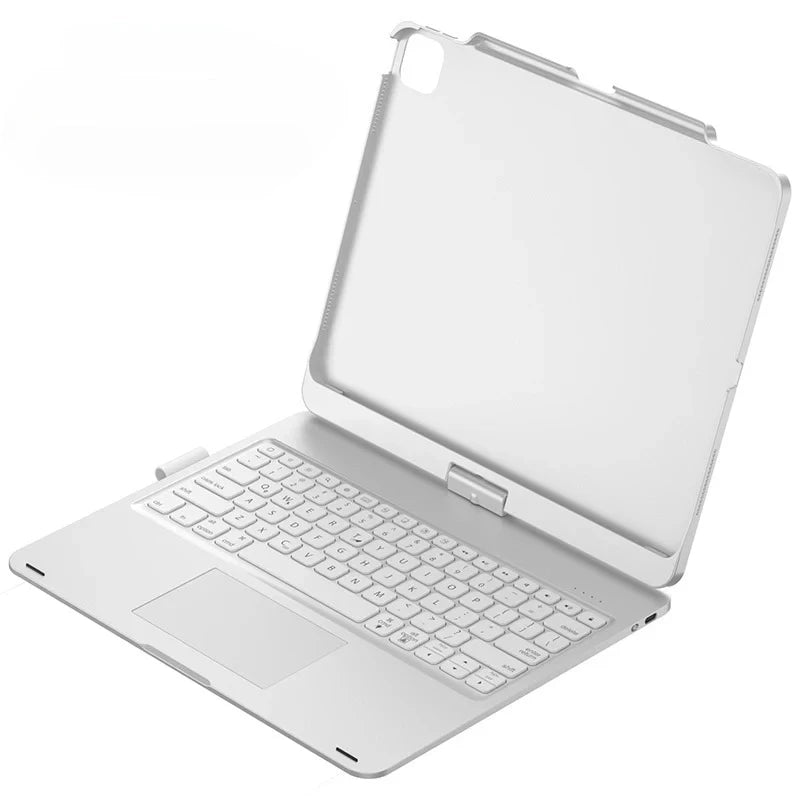 A white 360° rotating keyboard case with a trackpad for an iPad Pro or Air.