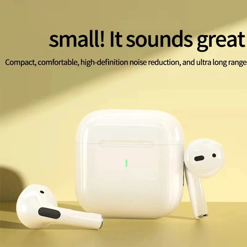 White True Buds 5 wireless earphones shown next to their charging case.