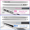 Comparison of an old MacBook Air model (2012-2017) and a new MacBook Air model (2020-2018) showing differences in design and 