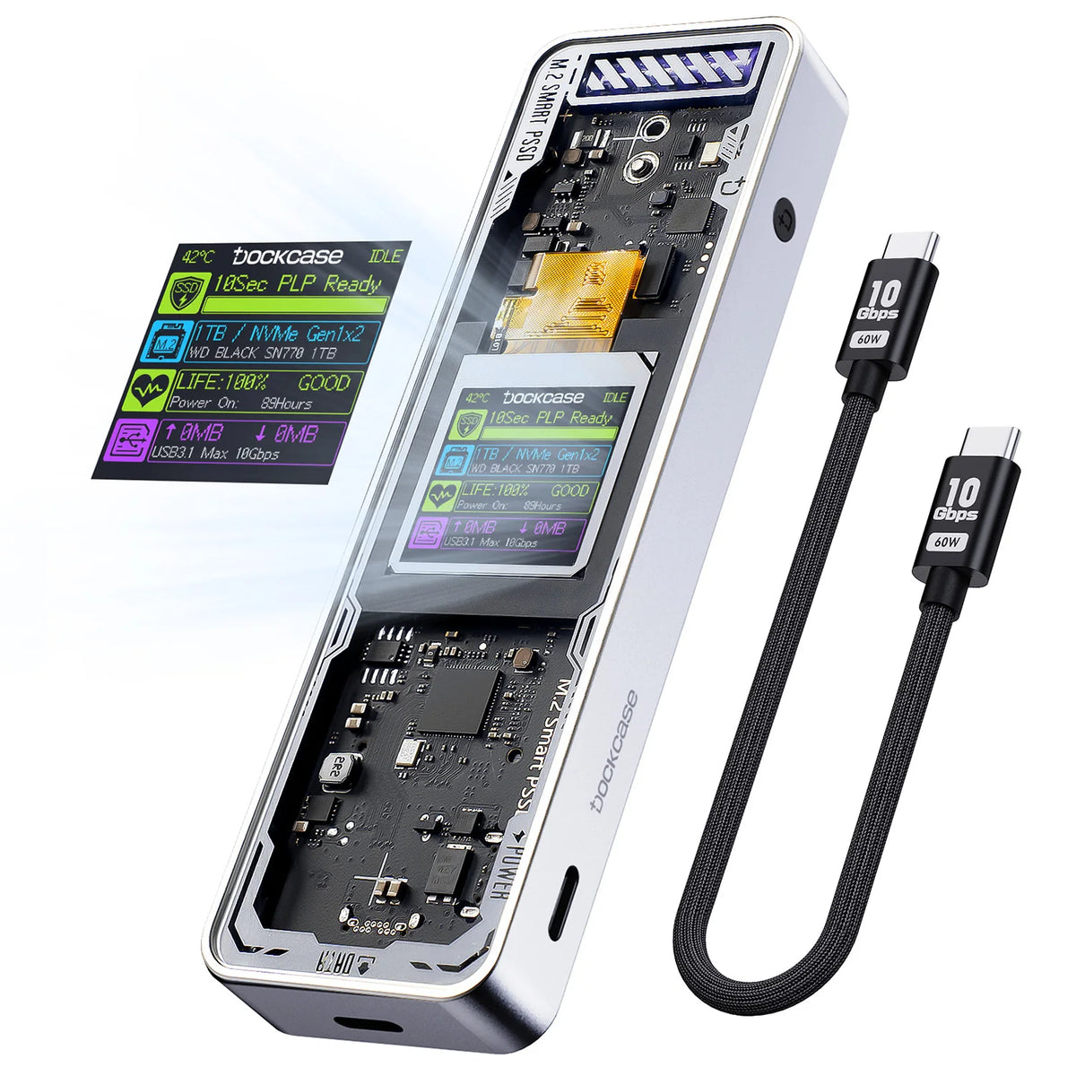 A silver high-speed NVMe SSD enclosure with an LCD display and a black power cable is shown.