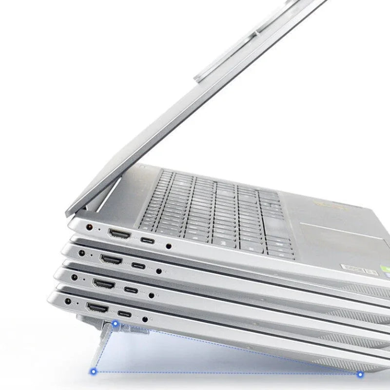 Silver foldable laptop and tablet stand riser with a metal hinge and adjustable support.