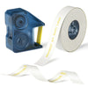 Un rouleau de ruban d'étiquette satin blanc et une unité d'imprimante bleue pour le kit d'imprimante d'étiquettes satin Nimbo
