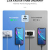 A comparison showing a PD charger achieving 50% charge in 30 minutes versus a 5V/1A charger taking 19%.