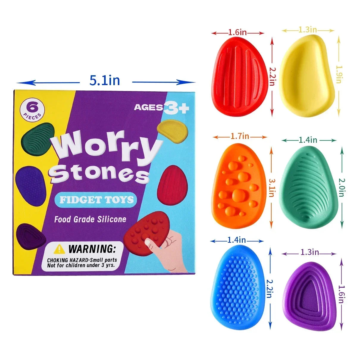 A box of Worry Stones fidget toys in various colors and shapes with size measurements.
