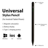 A black stylus pen shown next to icons representing compatibility with Windows, iOS, and Android operating systems.