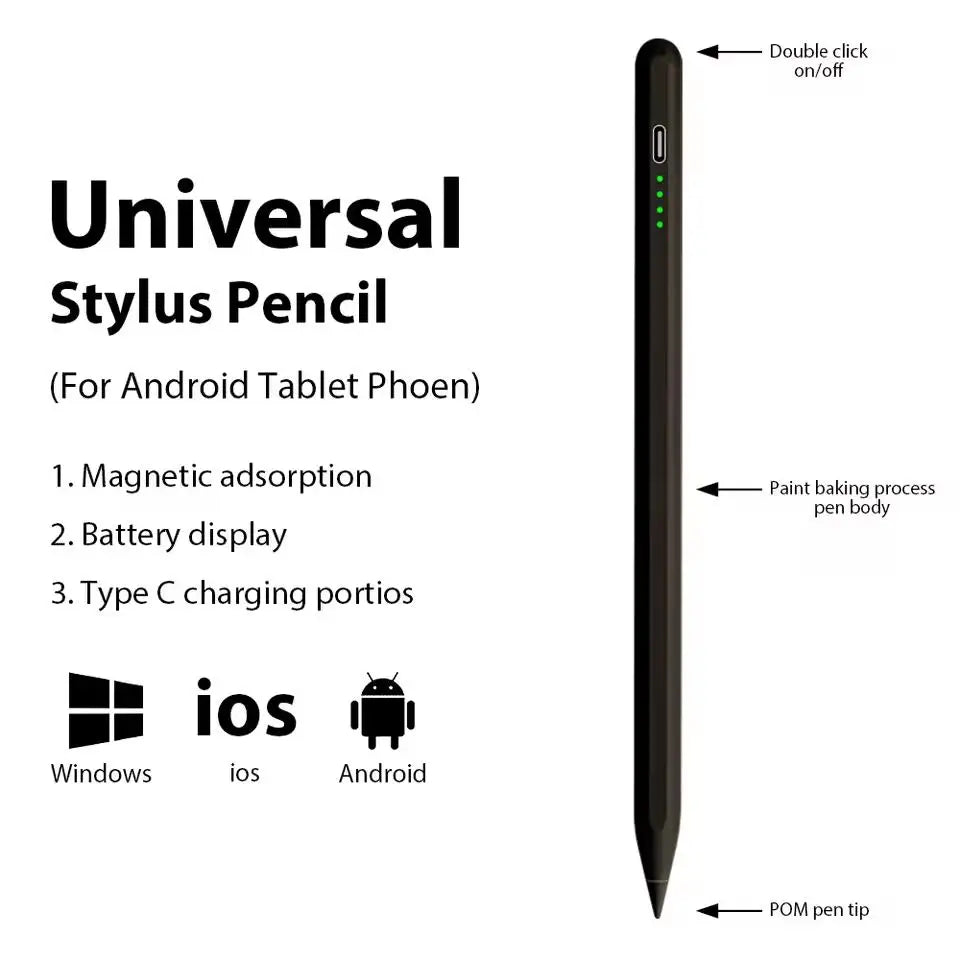 A black stylus pen shown next to icons representing compatibility with Windows, iOS, and Android operating systems.