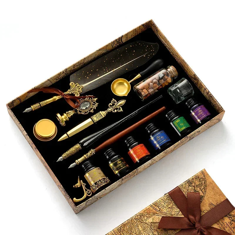 A luxury fountain pen set with a wax seal kit displayed in a wooden box.