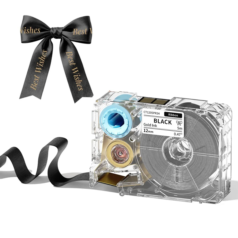 A clear plastic label maker device with a ribbon and bow, used for creating custom stickers.