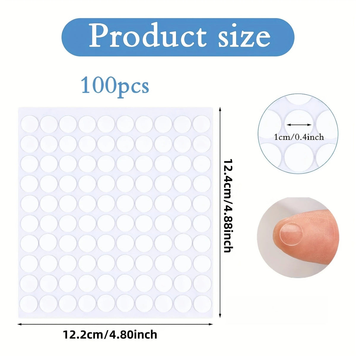 A sheet of 100 white removable double-sided adhesive dots, measuring 12.2cm by 12.4cm.