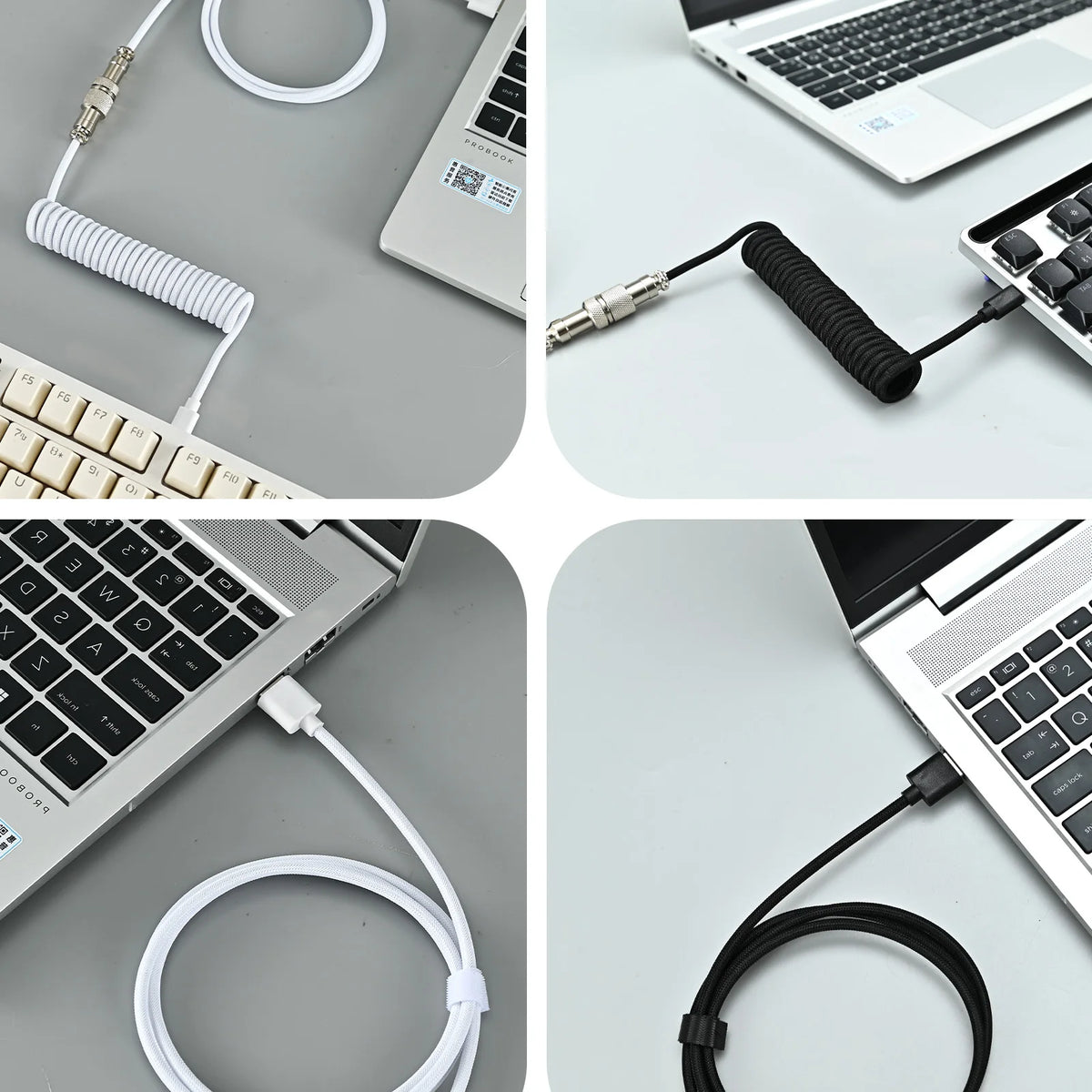 Various views of a durable braided USB-C to USB keyboard cable and connector.