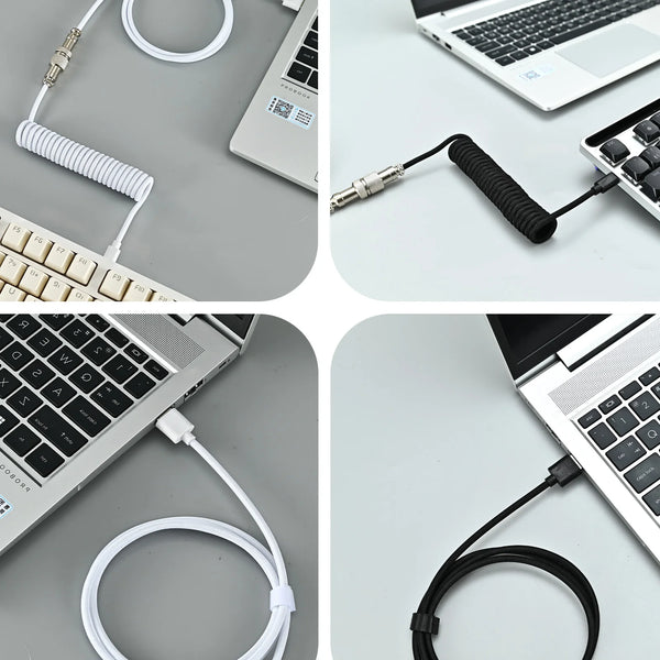 Verschiedene Ansichten eines robusten geflochtenen USB-C zu USB-Tastaturkabels und Steckers.