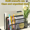A black metal mesh desk file organizer holding various pens, pencils, and paper in a multi-scenario use setup.