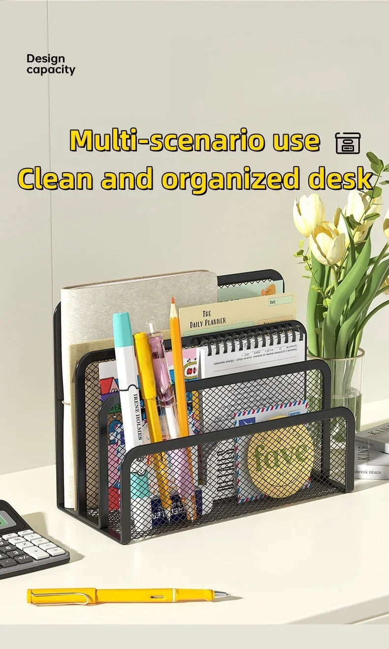 A black metal mesh desk file organizer holding various pens, pencils, and paper in a multi-scenario use setup.