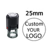 A black self-inking stamp with a clear cylinder, showing a dimension of 25mm.