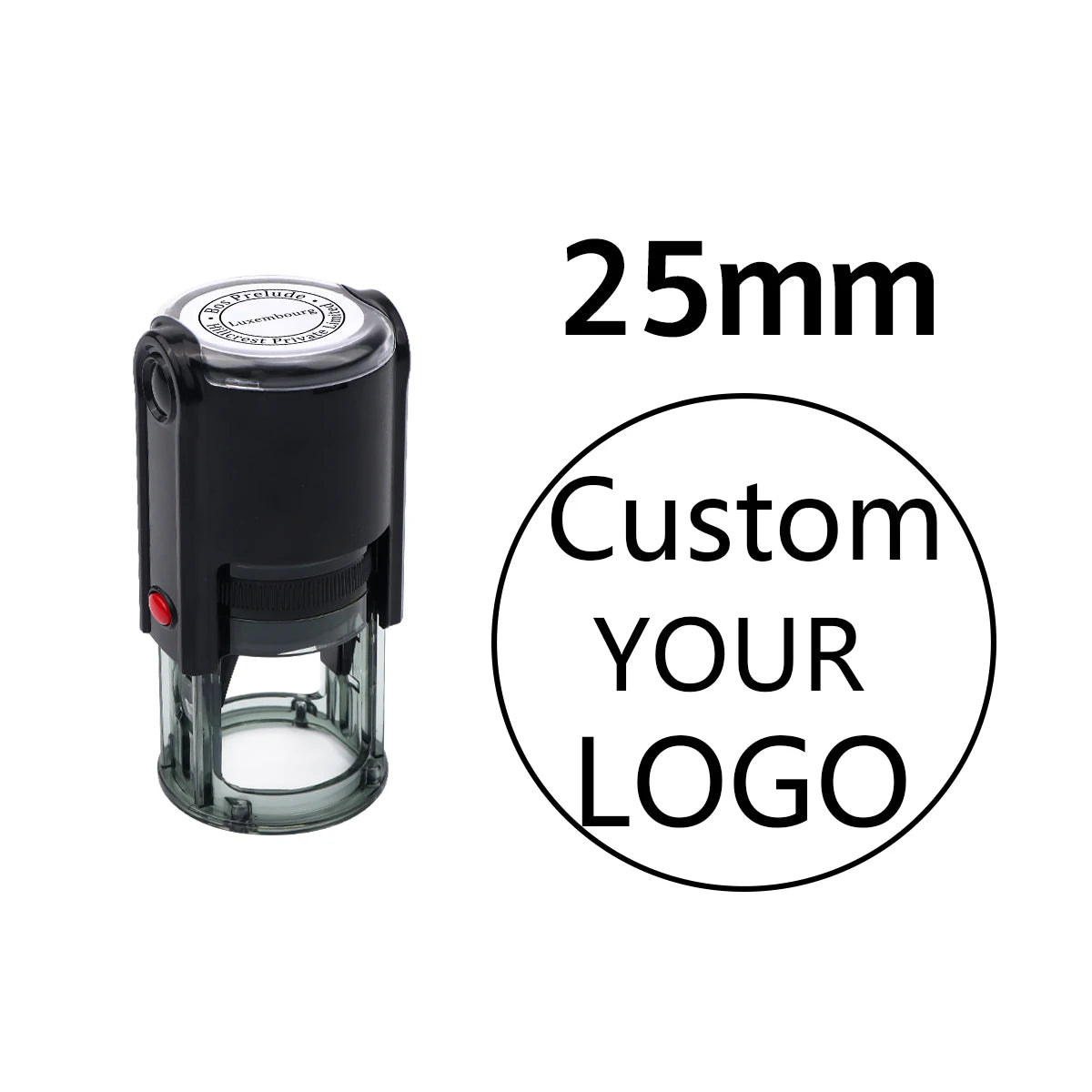 A black self-inking stamp with a clear cylinder, showing a dimension of 25mm.