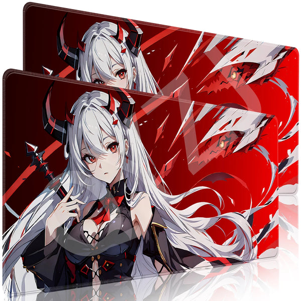 A glossy acrylic mouse pad featuring an anime character with white hair and horns against a red background.