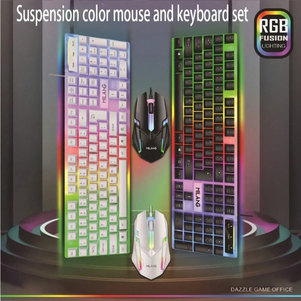 Set aus Maus und Tastatur mit Federung, featuring lebendiges RGB-Fusion-Licht auf dunklem Hintergrund.